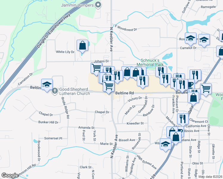 map of restaurants, bars, coffee shops, grocery stores, and more near 1821 North Keebler Avenue in Collinsville