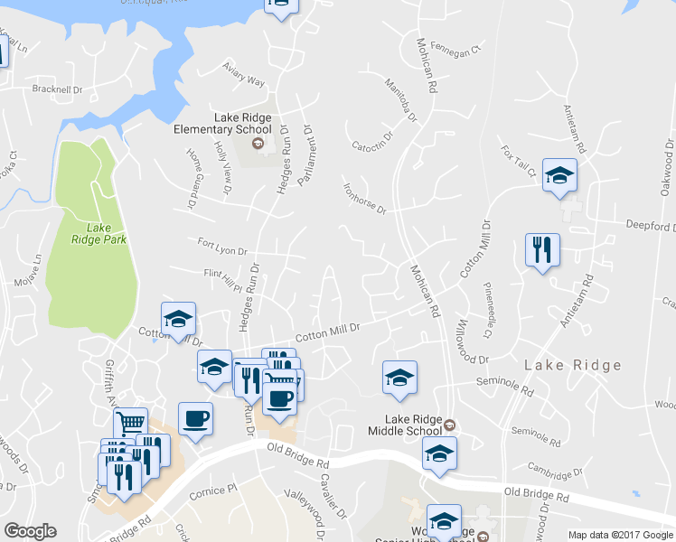 map of restaurants, bars, coffee shops, grocery stores, and more near 12022 Cardamom Drive in Woodbridge