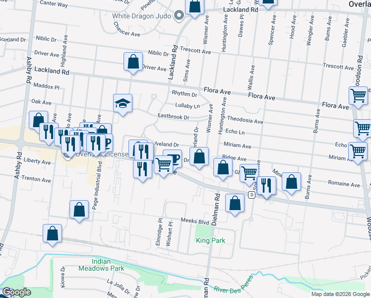 map of restaurants, bars, coffee shops, grocery stores, and more near 9821 Zykan Drive in Overland
