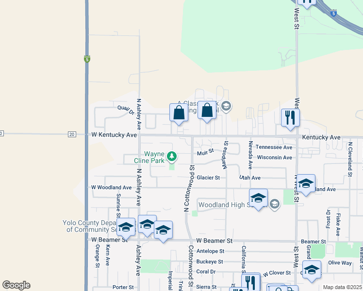 map of restaurants, bars, coffee shops, grocery stores, and more near 220 Muir Street in Woodland
