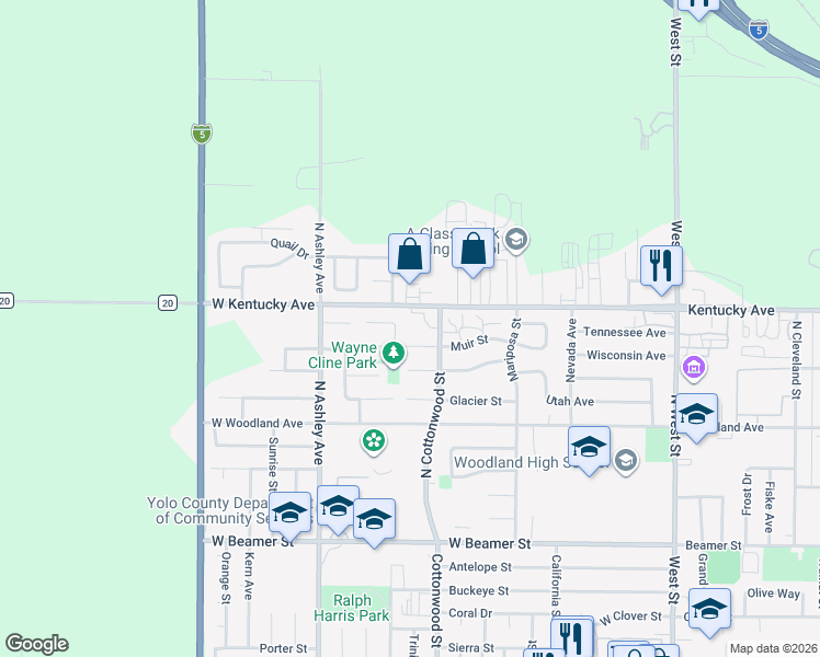 map of restaurants, bars, coffee shops, grocery stores, and more near 220 Muir Street in Woodland