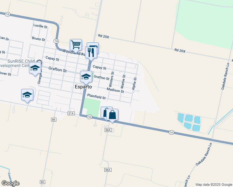 map of restaurants, bars, coffee shops, grocery stores, and more near 26844 Plainfield Street in Esparto