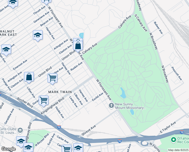 map of restaurants, bars, coffee shops, grocery stores, and more near N Kingshighway Blvd & W Florissant Ave in St Louis