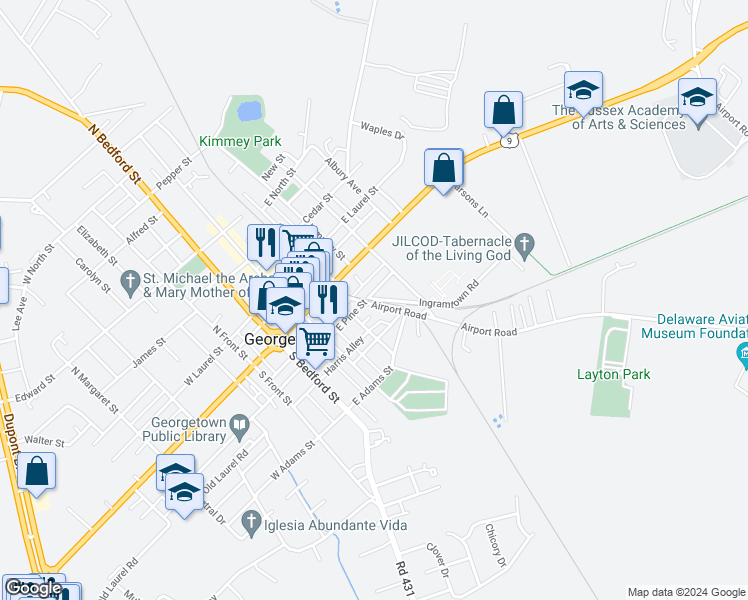 map of restaurants, bars, coffee shops, grocery stores, and more near 124 East Pine Street in Georgetown