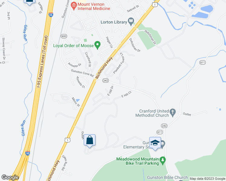 map of restaurants, bars, coffee shops, grocery stores, and more near 9887 East Hill Drive in Lorton
