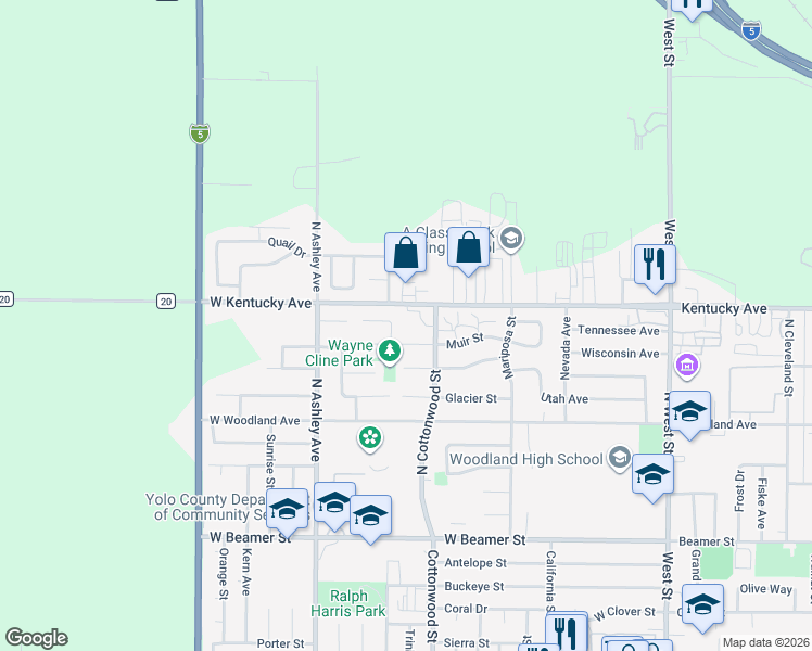 map of restaurants, bars, coffee shops, grocery stores, and more near 220 Muir Street in Woodland