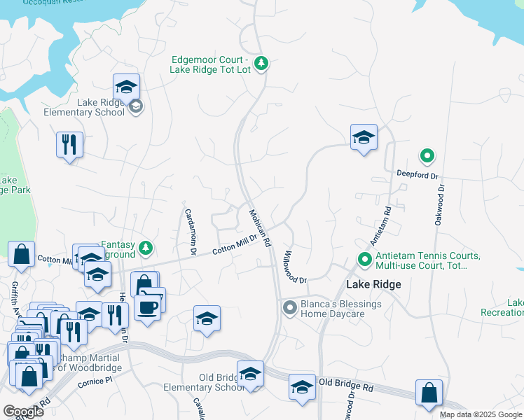 map of restaurants, bars, coffee shops, grocery stores, and more near 3087 Peachtree Court in Woodbridge