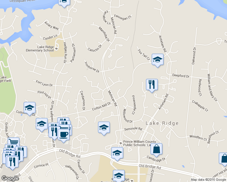 map of restaurants, bars, coffee shops, grocery stores, and more near 3087 Peachtree Ct in Woodbridge