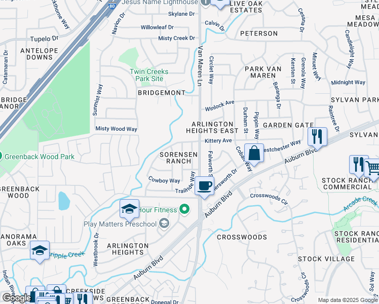map of restaurants, bars, coffee shops, grocery stores, and more near 6917 Trailride Way in Citrus Heights