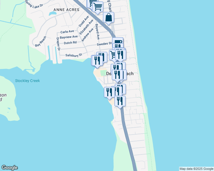 map of restaurants, bars, coffee shops, grocery stores, and more near 120 Read Avenue in Dewey Beach