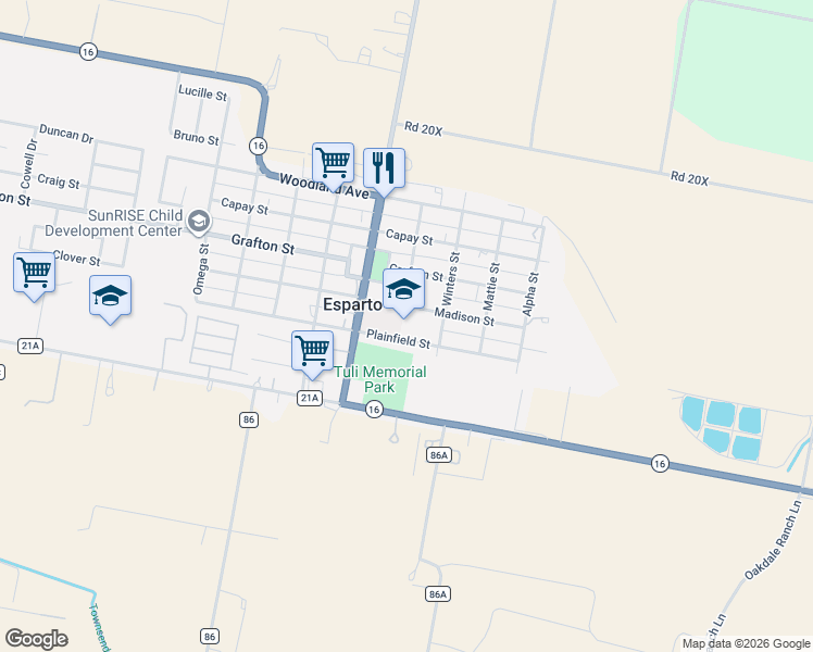 map of restaurants, bars, coffee shops, grocery stores, and more near 26753 Plainfield Street in Esparto