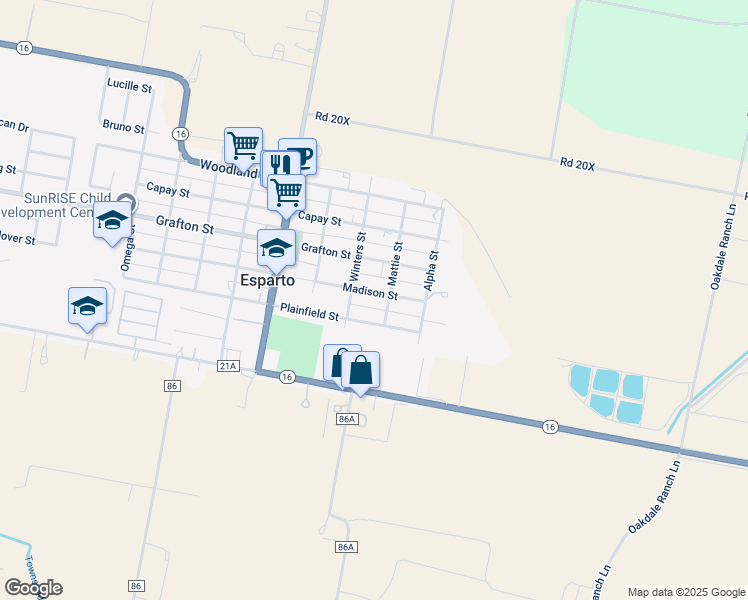 map of restaurants, bars, coffee shops, grocery stores, and more near 26857 Madison Street in Esparto