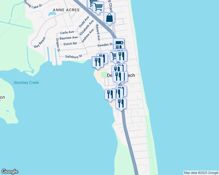 map of restaurants, bars, coffee shops, grocery stores, and more near 120 Read Avenue in Dewey Beach