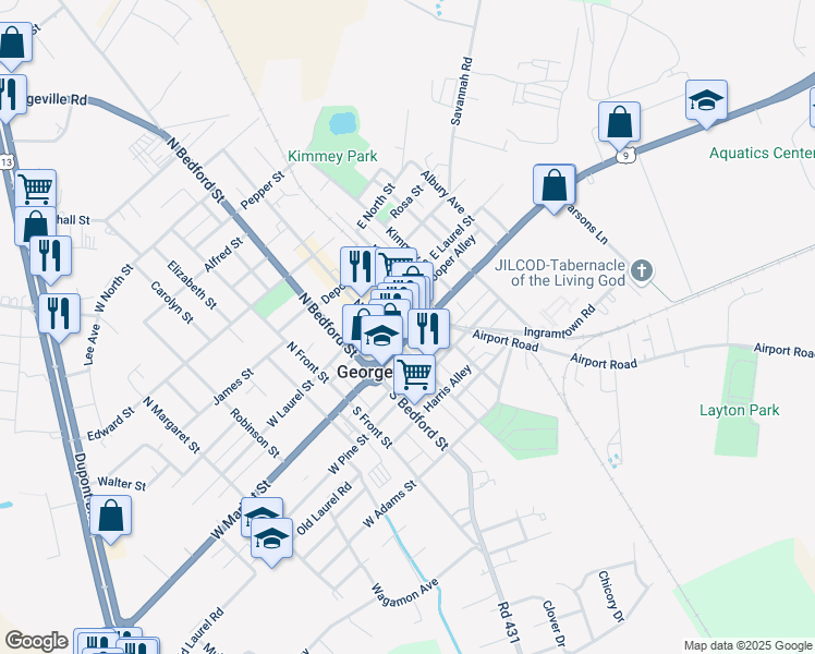 map of restaurants, bars, coffee shops, grocery stores, and more near 120 East Market Street in Georgetown