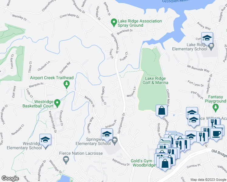 map of restaurants, bars, coffee shops, grocery stores, and more near 12155 Salemtown Drive in Woodbridge
