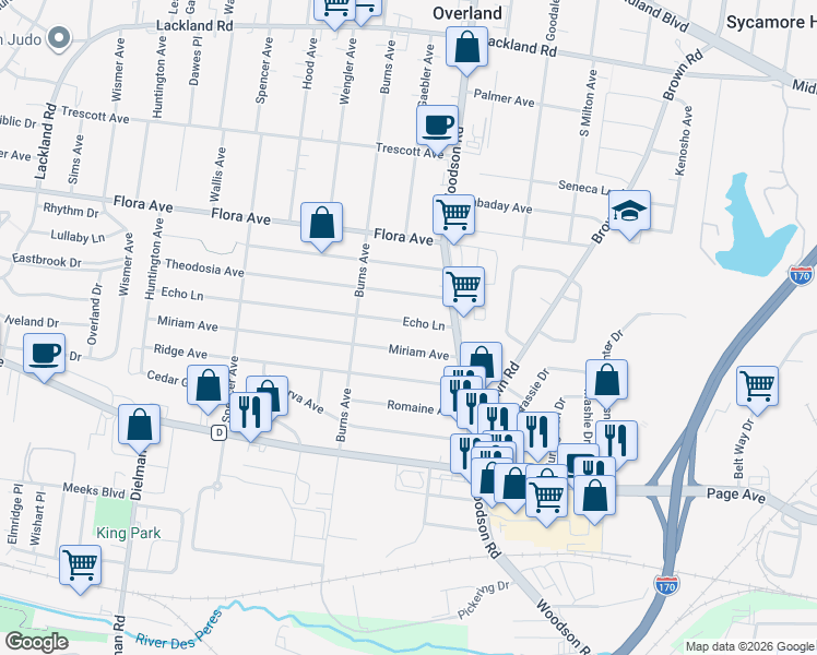 map of restaurants, bars, coffee shops, grocery stores, and more near 9423 Miriam Avenue in Overland
