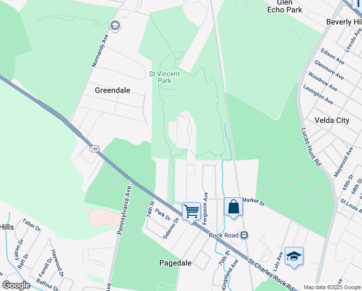map of restaurants, bars, coffee shops, grocery stores, and more near 1569 Salerno Drive in St. Louis
