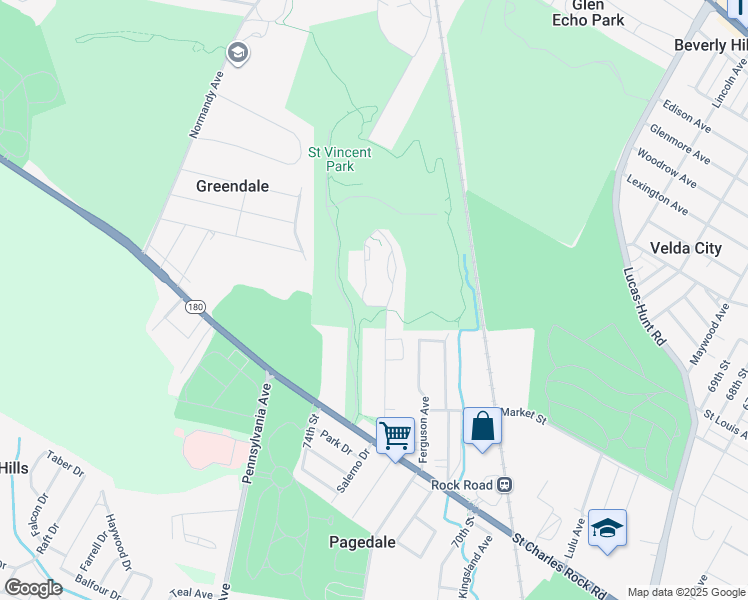 map of restaurants, bars, coffee shops, grocery stores, and more near 7301 Saint Charles Rock Road in St. Louis