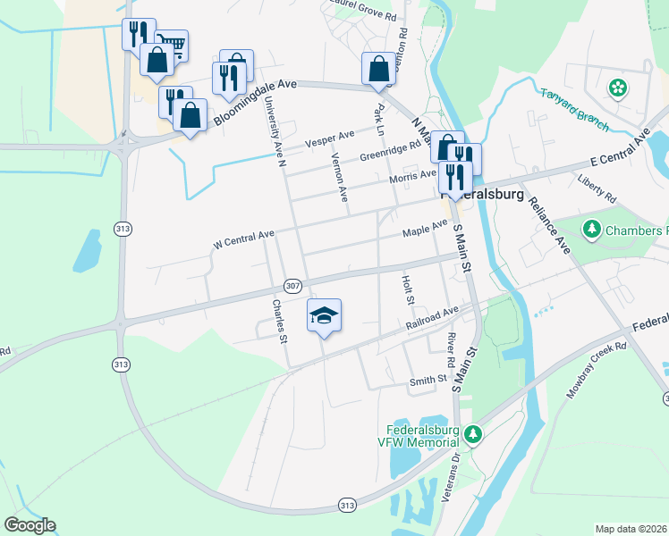 map of restaurants, bars, coffee shops, grocery stores, and more near 412 Academy Avenue in Federalsburg