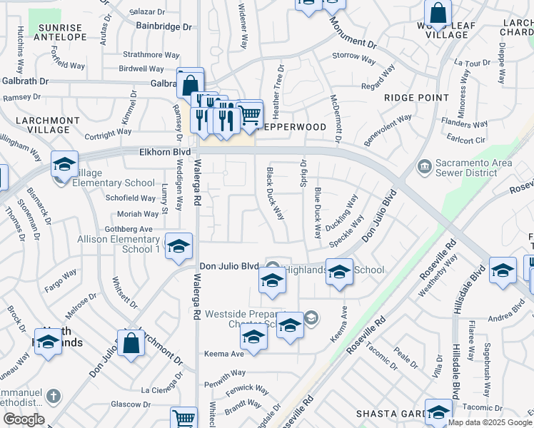 map of restaurants, bars, coffee shops, grocery stores, and more near 6854 Butterball Way in Sacramento