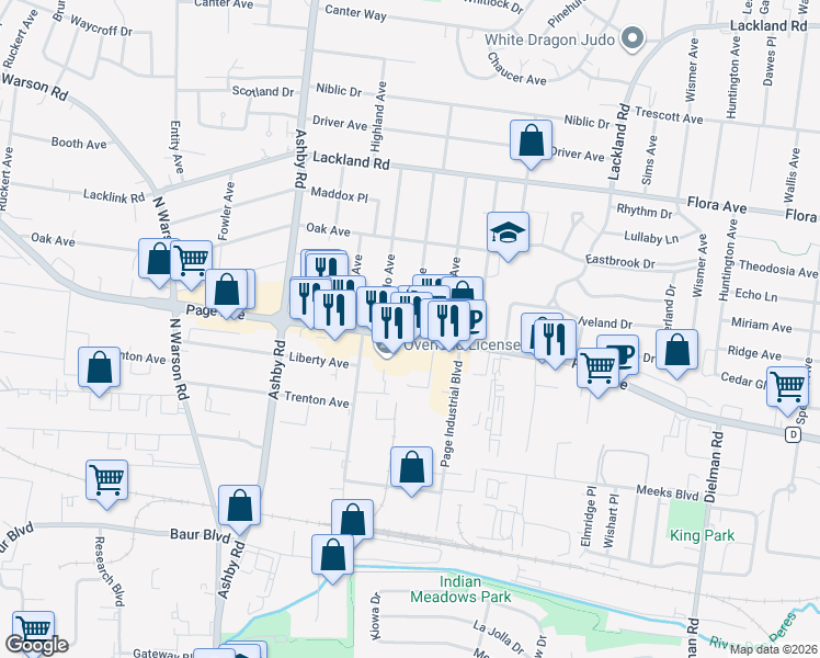 map of restaurants, bars, coffee shops, grocery stores, and more near 10250 Page Avenue in Overland