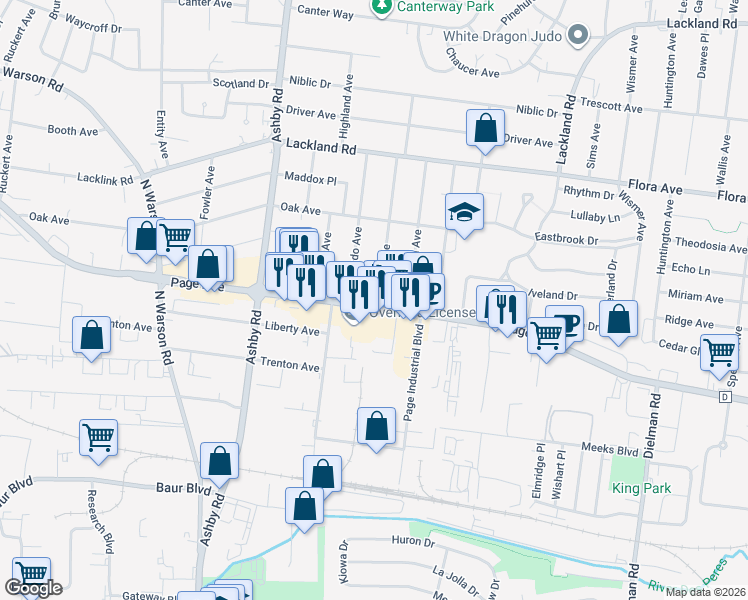 map of restaurants, bars, coffee shops, grocery stores, and more near 10250 Page Avenue in Overland