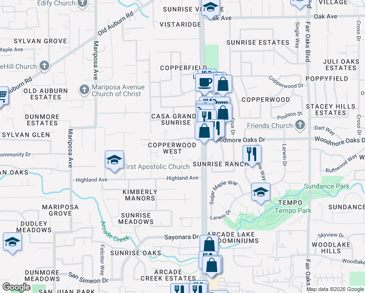 map of restaurants, bars, coffee shops, grocery stores, and more near 7870 Locher Way in Citrus Heights