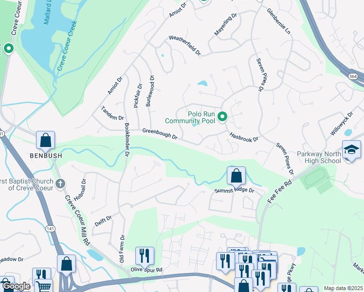 map of restaurants, bars, coffee shops, grocery stores, and more near 13090 Greenbough Drive in St. Louis