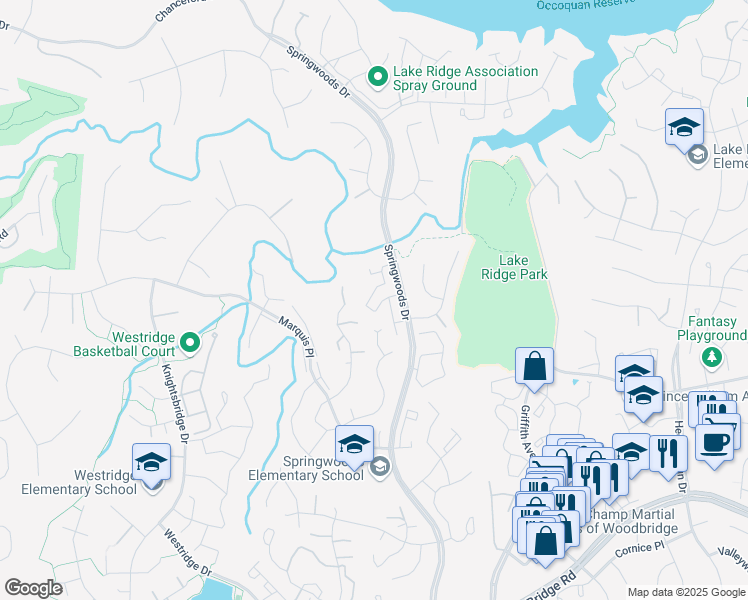 map of restaurants, bars, coffee shops, grocery stores, and more near 12141 Salemtown Drive in Woodbridge