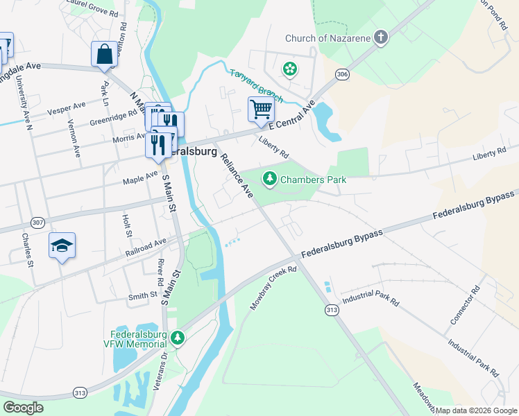 map of restaurants, bars, coffee shops, grocery stores, and more near 134 Kerney Street in Federalsburg