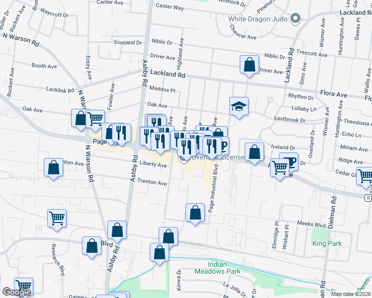 map of restaurants, bars, coffee shops, grocery stores, and more near 10334 Page Avenue in St. Louis
