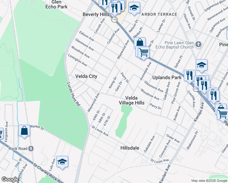 map of restaurants, bars, coffee shops, grocery stores, and more near 3000 Gary Drive in St. Louis