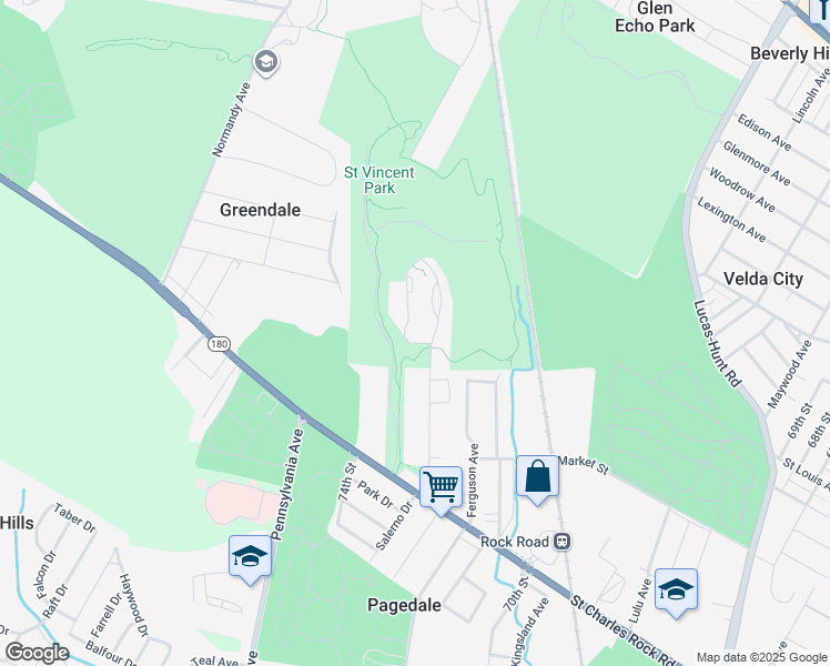 map of restaurants, bars, coffee shops, grocery stores, and more near 7301 Saint Charles Rock Road in St. Louis