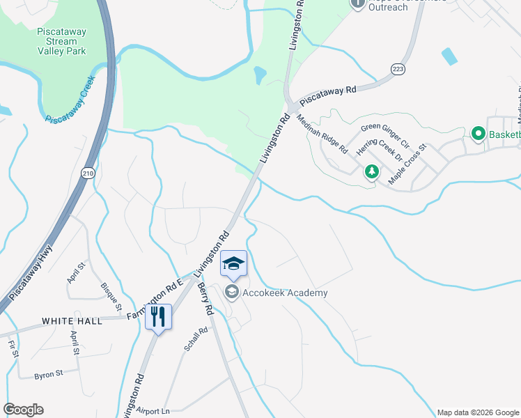 map of restaurants, bars, coffee shops, grocery stores, and more near 1600 Saint James Road in Accokeek