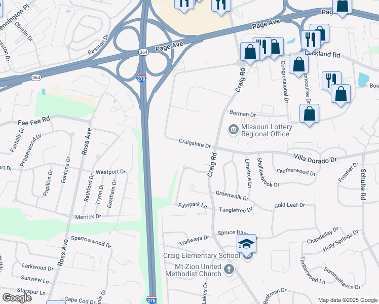 map of restaurants, bars, coffee shops, grocery stores, and more near 1855 Craigshire Road in St. Louis