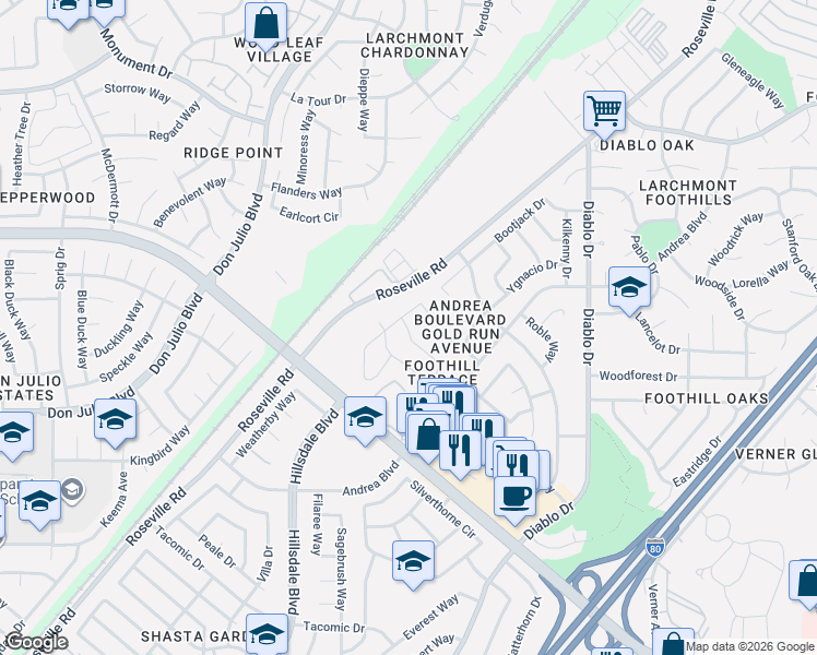 map of restaurants, bars, coffee shops, grocery stores, and more near 5134 Karm Way in Sacramento