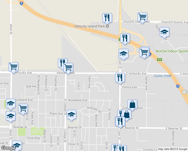 map of restaurants, bars, coffee shops, grocery stores, and more near 921 Shiloh Court in Woodland