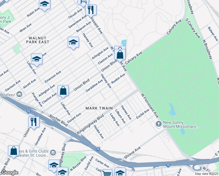 map of restaurants, bars, coffee shops, grocery stores, and more near 5387 Queens Avenue in St. Louis