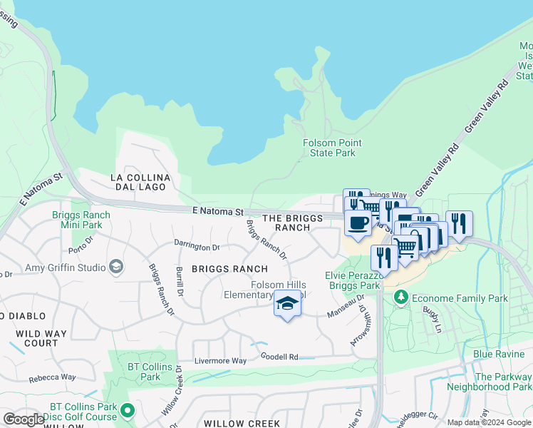 map of restaurants, bars, coffee shops, grocery stores, and more near East Natoma Street in Folsom
