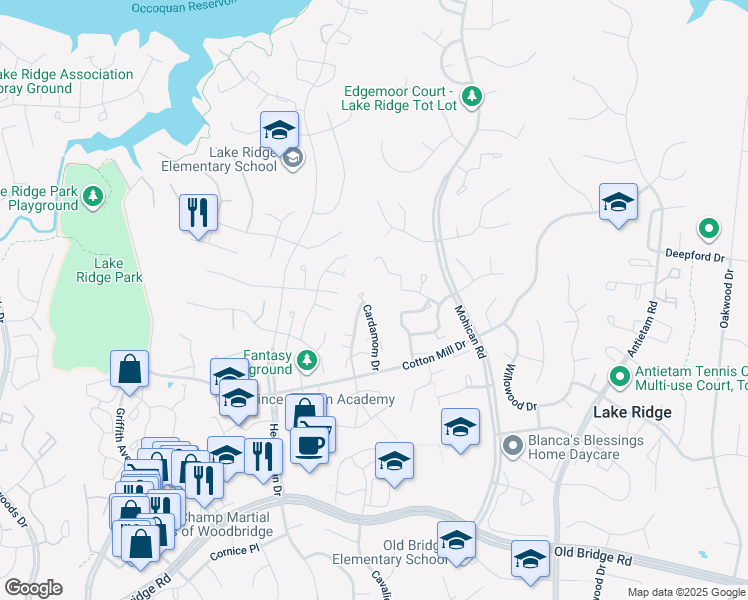 map of restaurants, bars, coffee shops, grocery stores, and more near 12030 Cardamom Drive in Woodbridge