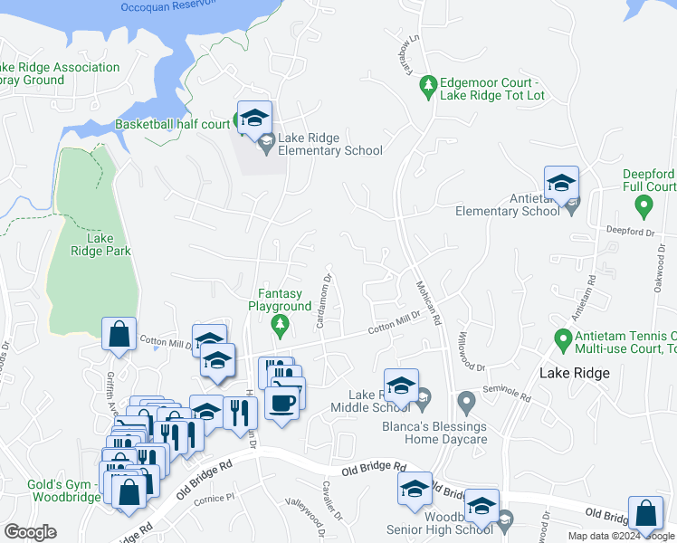 map of restaurants, bars, coffee shops, grocery stores, and more near 12044 Cardamom Drive in Woodbridge