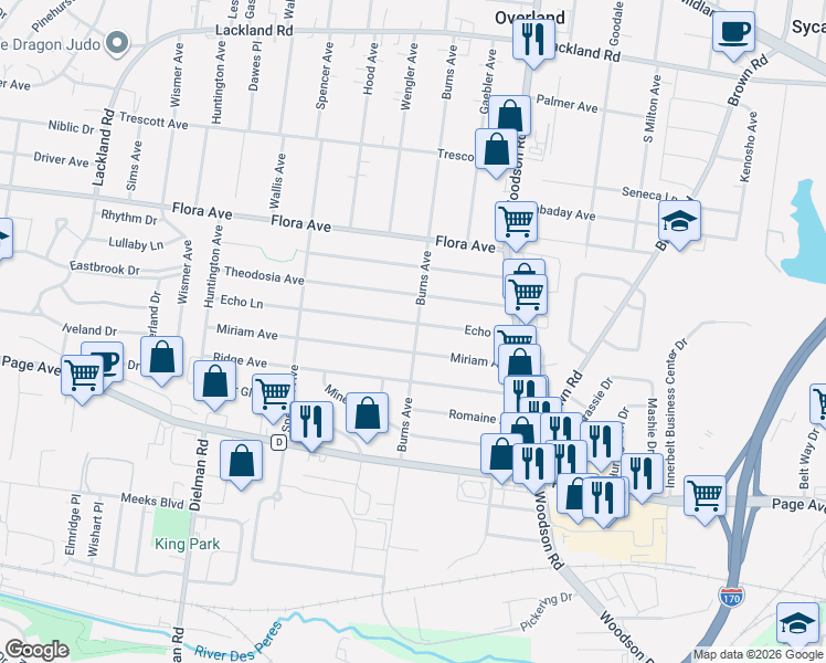 map of restaurants, bars, coffee shops, grocery stores, and more near 9506 Miriam Avenue in Overland