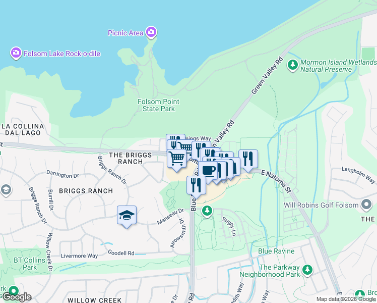 map of restaurants, bars, coffee shops, grocery stores, and more near 25004 Blue Ravine Road in Folsom