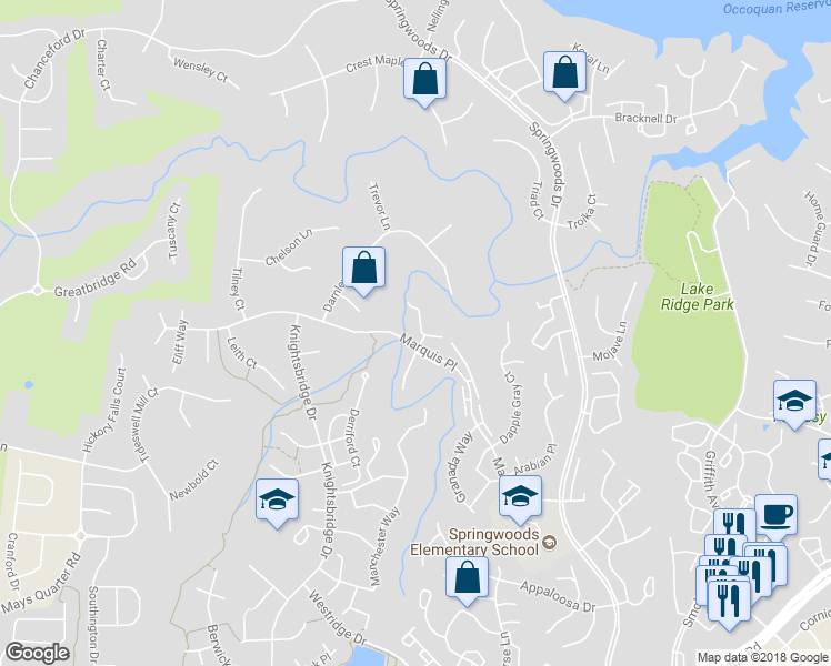 map of restaurants, bars, coffee shops, grocery stores, and more near 3953 Pepperidge Court in Woodbridge