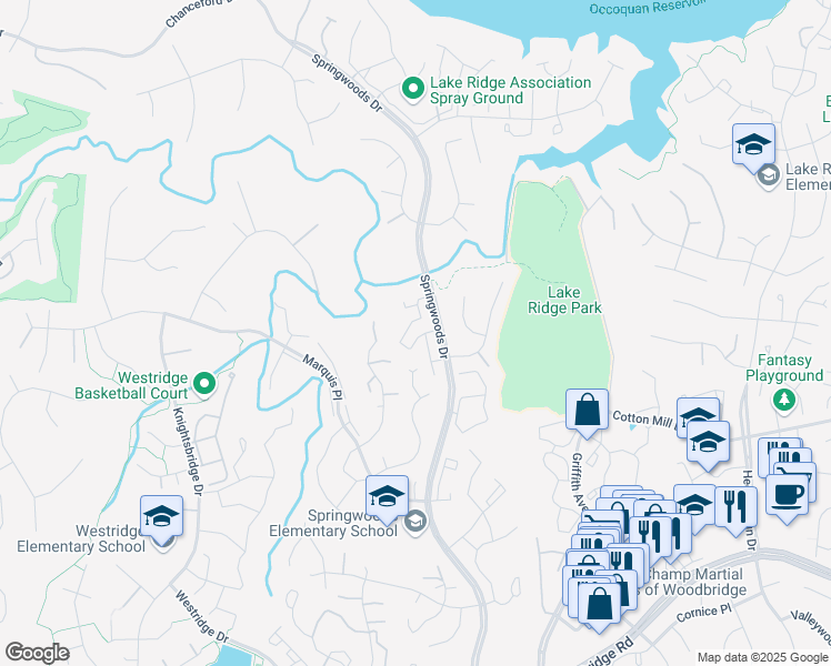 map of restaurants, bars, coffee shops, grocery stores, and more near 12163 Salemtown Drive in Woodbridge