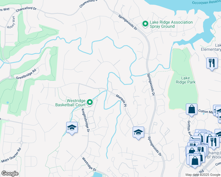 map of restaurants, bars, coffee shops, grocery stores, and more near 3953 Pepperidge Court in Woodbridge