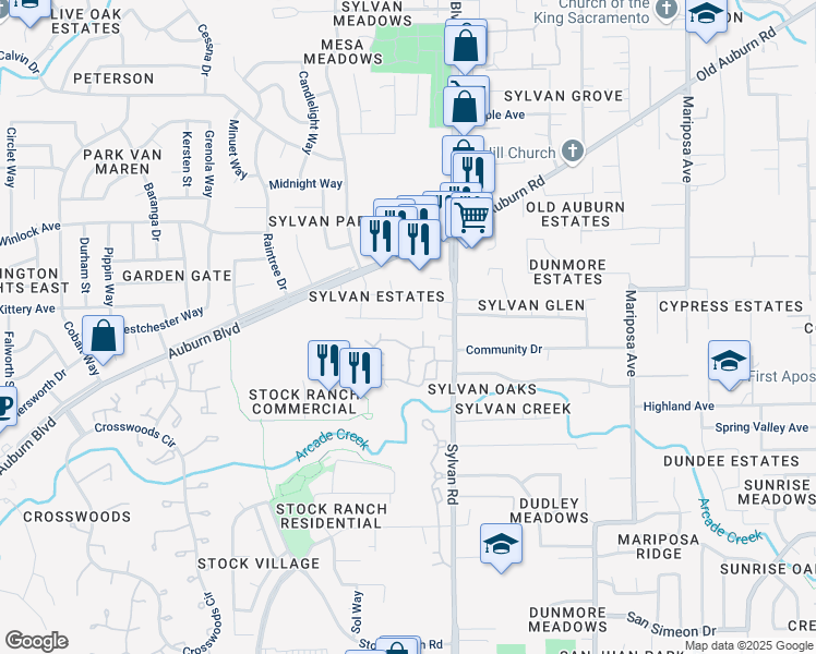 map of restaurants, bars, coffee shops, grocery stores, and more near 7365 Huntington Square Lane in Citrus Heights