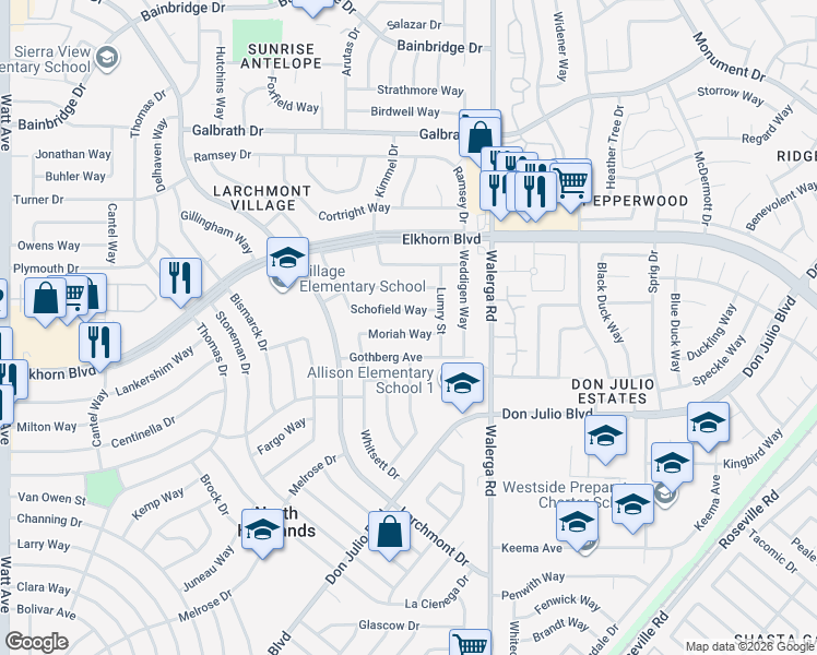 map of restaurants, bars, coffee shops, grocery stores, and more near 4149 Gothberg Avenue in North Highlands