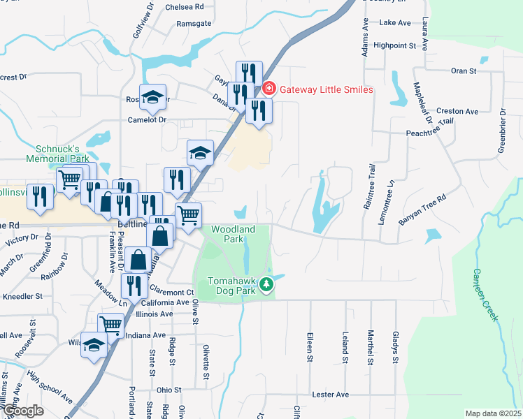 map of restaurants, bars, coffee shops, grocery stores, and more near 300 Pine Lake Road in Collinsville