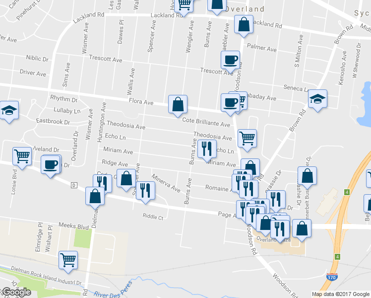 map of restaurants, bars, coffee shops, grocery stores, and more near 9508 Echo Ln in St Louis